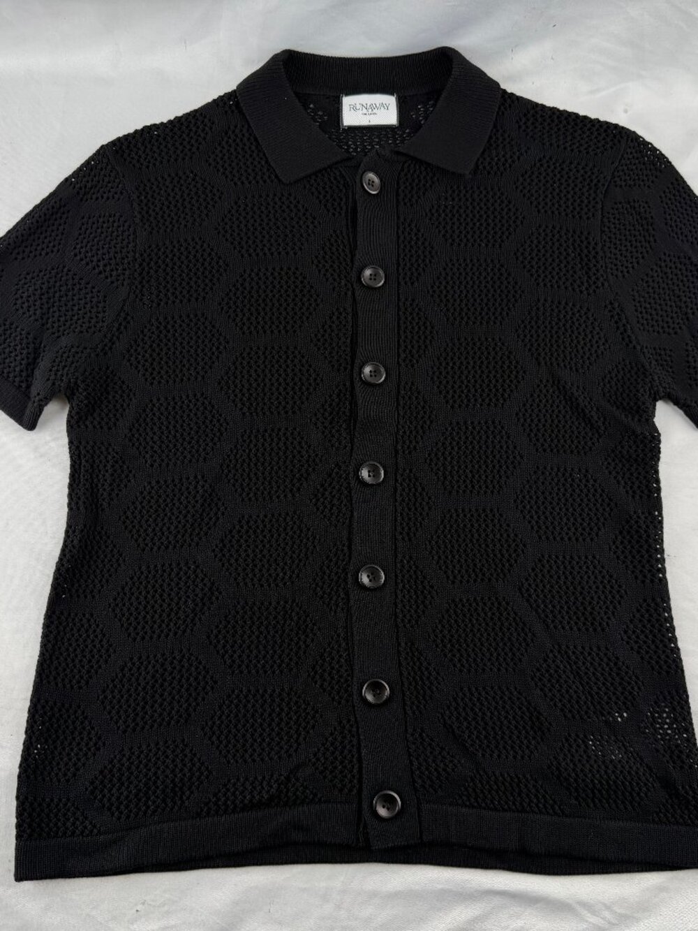 Runaway The Label Men Black Crochet Knit Short Sleeve Button Polo Shirt Size S